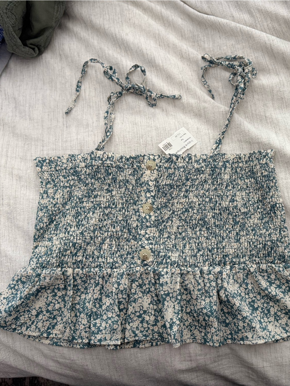 NWT Smocked Floral Crop Top with Tie Straps - Teal Floral